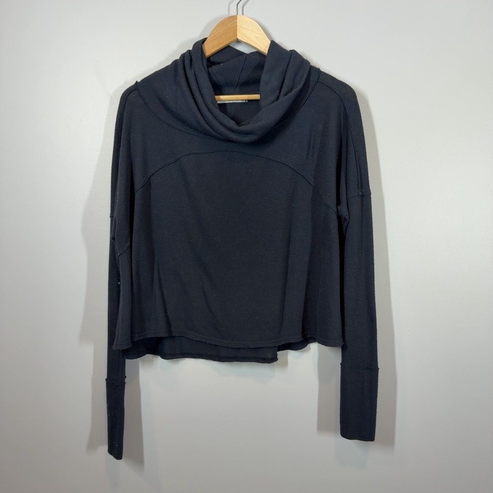 Free People We The Free Black Cowl Neck Long Sleeve Top XS Raw Hem Women's